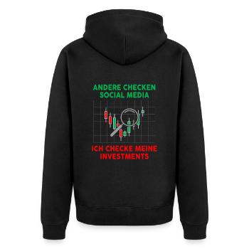 Andere Checken Social Media Ich Checke Investments - Unisex Premium Bio Zip Hoodie - Schwarz - Hinten - Nico (187cm)