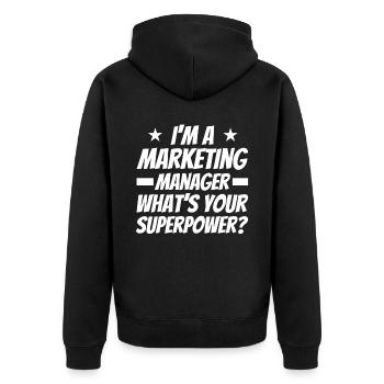 Superkraft Marketing Manager Digitales Marketing - Unisex Premium Bio Zip Hoodie - Schwarz - Hinten - Nico (187cm)
