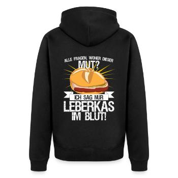 Leberkäse Fleischkas und Mut Leberkas - Unisex Premium Bio Zip Hoodie - Schwarz - Hinten - Nico (187cm)
