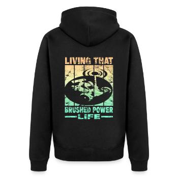 Living That Brushed Power Life - Unisex Premium Bio Zip Hoodie - Schwarz - Hinten - Nico (187cm)