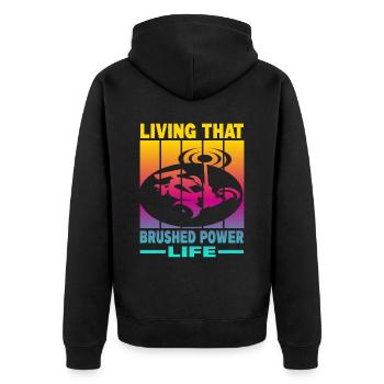 Living That Brushed Power Life - Unisex Premium Bio Zip Hoodie - Schwarz - Hinten - Nico (187cm)