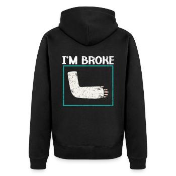 Ich bin pleite gebrochene Handverletzung Genesung Reha - Unisex Premium Bio Zip Hoodie - Schwarz - Hinten - Nico (187cm)