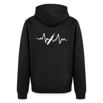 Weisses Spritzen Design - Unisex Premium Bio Zip Hoodie - Schwarz - Hinten - Nico (187cm)