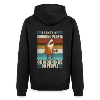 Ich mag keine Morgenmenschen lustiger Kaffee Hai - Unisex Premium Bio Zip Hoodie - Schwarz - Hinten - Nico (187cm)