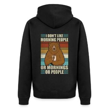 Ich mag keine Morgenmenschen, lustiger Kaffeebär - Unisex Premium Bio Zip Hoodie - Schwarz - Hinten - Nico (187cm)