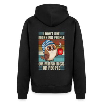 Ich mag keine Morgenmenschen Lustiger Kaffee Eule - Unisex Premium Bio Zip Hoodie - Schwarz - Hinten - Nico (187cm)