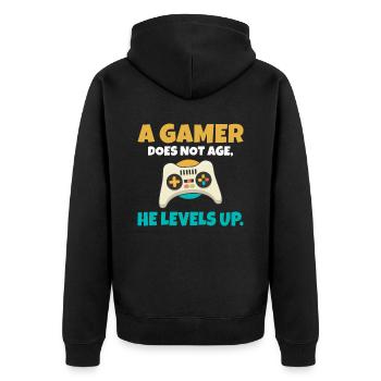 A gamer does not age he levels up lustiges Gaming - Unisex Premium Bio Zip Hoodie - Schwarz - Hinten - Nico (187cm)