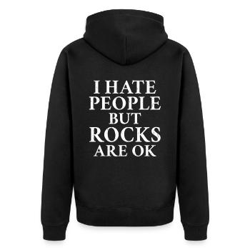 I hate people but rocks are ok Schwarzer Humor - Unisex Premium Bio Zip Hoodie - Schwarz - Hinten - Nico (187cm)
