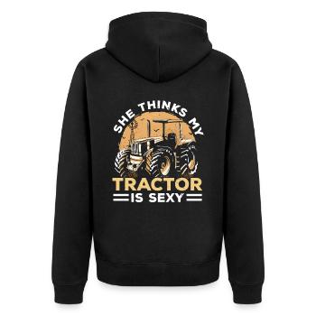 Sie denkt, mein Traktor ist einfach Landwirt Landw - Unisex Premium Bio Zip Hoodie - Schwarz - Hinten - Nico (187cm)