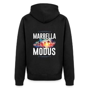 Marbella Modus - Unisex Premium Bio Zip Hoodie - Schwarz - Hinten - Nico (187cm)