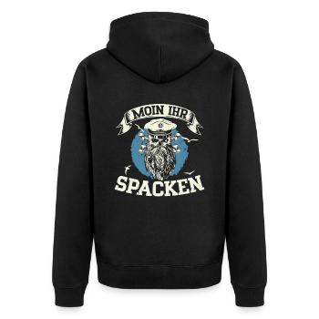 Moin ihr Spacken - Digga Spruch Meer Norddeutsch - Unisex Premium Bio Zip Hoodie - Schwarz - Hinten - Nico (187cm)