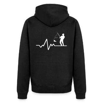 Herzschlaglinie Mit Hobbyfischer Weisses Design - Unisex Premium Bio Zip Hoodie - Schwarz - Hinten - Nico (187cm)