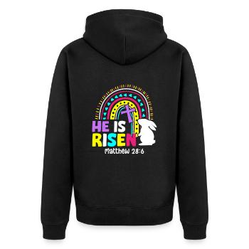 He Is Risen Matthew 28:6 Jesus Christ Auferstehung - Unisex Premium Bio Zip Hoodie - Schwarz - Hinten - Nico (187cm)