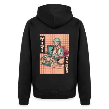 Gamer Anime Girl Vaporwave Ästhetisches Gaming Ges - Unisex Premium Bio Zip Hoodie - Schwarz - Hinten - Nico (187cm)