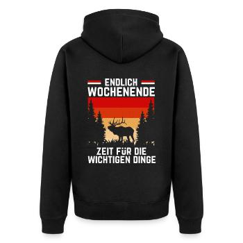 Jäger Spruch zum Wochenende für die Hirsch Jagd - Unisex Premium Bio Zip Hoodie - Schwarz - Hinten - Nico (187cm)