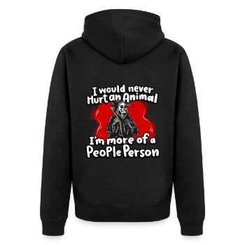 Ich Würde Nie Ein Tier Verletzen, Ich Bin Eher - Unisex Premium Bio Zip Hoodie - Schwarz - Hinten - Nico (187cm)