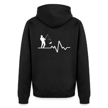 Herzschlaglinie Mit Hobbyfischer Weisses Design - Unisex Premium Bio Zip Hoodie - Schwarz - Hinten - Nico (187cm)