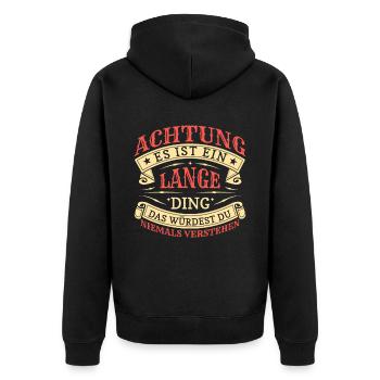 Achtung Es Ist Ein Lange Ding - Unisex Premium Bio Zip Hoodie - Schwarz - Hinten - Nico (187cm)