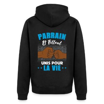 Demande parrain et filleul unis pour la vie humour - Veste à capuche bio Premium Unisexe - noir - Dos - Nico (187cm)