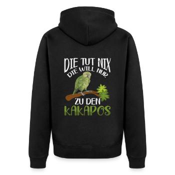 Die will nur zu den Kakapos Papagei - Unisex Premium Bio Zip Hoodie - Schwarz - Hinten - Nico (187cm)