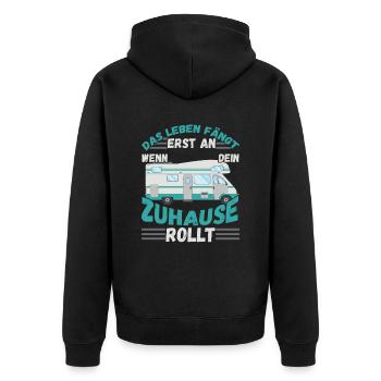 Das Leben fängt er an wenn dein Zuhause Rollt - Unisex Premium Bio Zip Hoodie - Schwarz - Hinten - Nico (187cm)