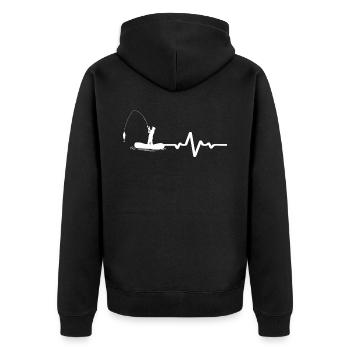 Herzschlaglinie Mit Hobbyfischer Weisses Design - Unisex Premium Bio Zip Hoodie - Schwarz - Hinten - Nico (187cm)