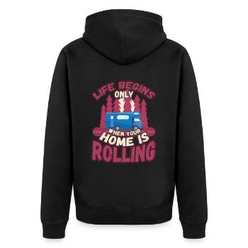 Das Leben fängt er an wenn dein Zuhause Rollt - Unisex Premium Bio Zip Hoodie - Schwarz - Hinten - Nico (187cm)