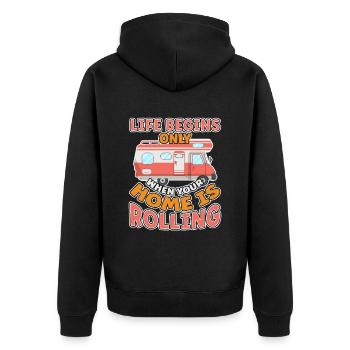 Das Leben fängt er an wenn dein Zuhause Rollt - Unisex Premium Bio Zip Hoodie - Schwarz - Hinten - Nico (187cm)