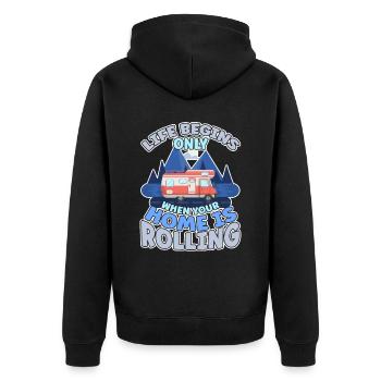 Das Leben fängt er an wenn dein Zuhause Rollt - Unisex Premium Bio Zip Hoodie - Schwarz - Hinten - Nico (187cm)