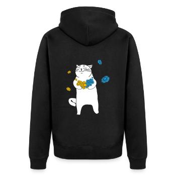 Ukraine Katze Blumen I Stand With Ukraine - Unisex Premium Bio Zip Hoodie - Schwarz - Hinten - Nico (187cm)
