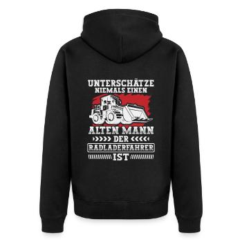 Radladerfahrer unterschätze niemals Radlader - Unisex Premium Bio Zip Hoodie - Schwarz - Hinten - Nico (187cm)