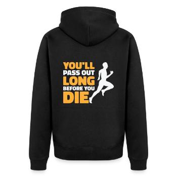 Jogger Läufer Marathon Joggen Langlauf - Unisex Premium Bio Zip Hoodie - Schwarz - Hinten - Nico (187cm)