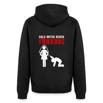 JGA Shirt Bald unter neuer Führung mit Braut & Brä - Unisex Premium Bio Zip Hoodie - Schwarz - Hinten - Nico (187cm)