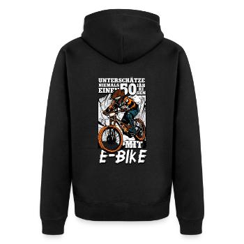 50. Geburtstag Pedelec E-Bike - Unisex Premium Bio Zip Hoodie - Schwarz - Hinten - Nico (187cm)
