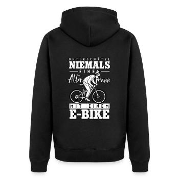 Unterschätze niemals einen alten Mann Pedelec - Unisex Premium Bio Zip Hoodie - Schwarz - Hinten - Nico (187cm)