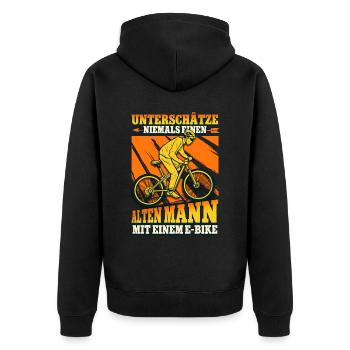 Unterschätze niemals einen alten Mann Pedelec - Unisex Premium Bio Zip Hoodie - Schwarz - Hinten - Nico (187cm)