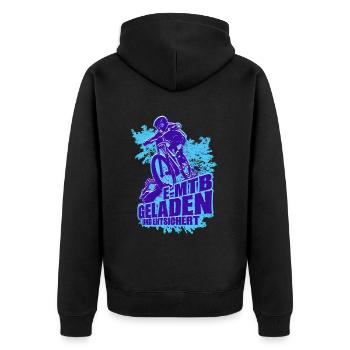 E-MTB Geladen und Entsichert Pedelec E-Bike - Unisex Premium Bio Zip Hoodie - Schwarz - Hinten - Nico (187cm)