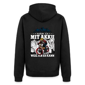 Warum ich mit Akku fahre Pedelec E-Bike - Unisex Premium Bio Zip Hoodie - Schwarz - Hinten - Nico (187cm)