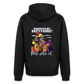Warum ich mit Akku fahre Pedelec E-Bike - Unisex Premium Bio Zip Hoodie - Schwarz - Hinten - Nico (187cm)