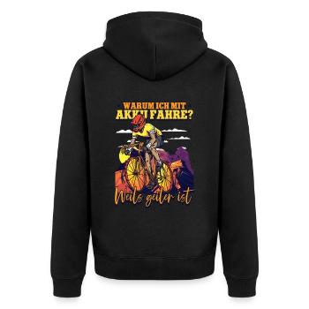 Warum ich mit Akku fahre Pedelec E-Bike - Unisex Premium Bio Zip Hoodie - Schwarz - Hinten - Nico (187cm)