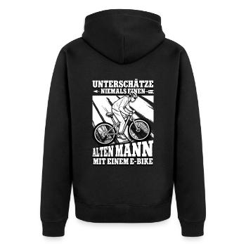 Unterschätze niemals einen alten Mann Pedelec - Unisex Premium Bio Zip Hoodie - Schwarz - Hinten - Nico (187cm)
