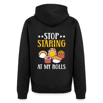Hör auf, auf meinen Rolls Food Lover japanisches Sushi zu starren - Unisex Premium Bio Zip Hoodie - Schwarz - Hinten - Nico (187cm)