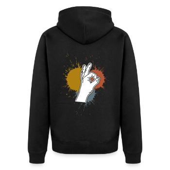 Reingeschaut Retro Flecken Reingeguckt - Unisex Premium Bio Zip Hoodie - Schwarz - Hinten - Nico (187cm)