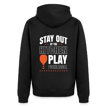 Stay Out Of The Kitchen Play Pickleball - Unisex Premium Bio Zip Hoodie - Schwarz - Hinten - Nico (187cm)