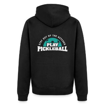 Stay Out Of The Kitchen Play Pickleball - Unisex Premium Bio Zip Hoodie - Schwarz - Hinten - Nico (187cm)