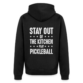 Stay Out Of The Kitchen Play Pickleball - Unisex Premium Bio Zip Hoodie - Schwarz - Hinten - Nico (187cm)