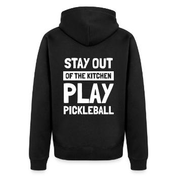 Stay Out Of The Kitchen Play Pickleball - Unisex Premium Bio Zip Hoodie - Schwarz - Hinten - Nico (187cm)
