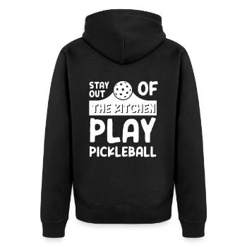 Stay Out Of The Kitchen Play Pickleball - Unisex Premium Bio Zip Hoodie - Schwarz - Hinten - Nico (187cm)