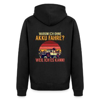 Warum ich ohne Akku fahre Anti E-Auto - Unisex Premium Bio Zip Hoodie - Schwarz - Hinten - Nico (187cm)