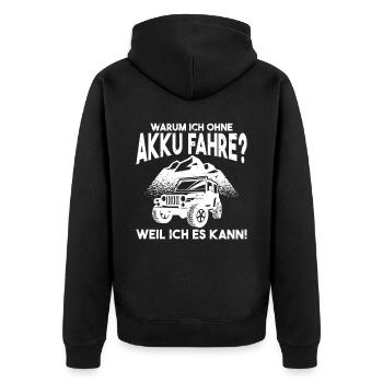 Warum ich ohne Akku fahre Anti E-Auto - Unisex Premium Bio Zip Hoodie - Schwarz - Hinten - Nico (187cm)